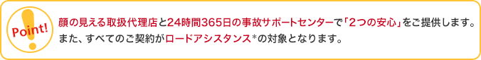 顔の見える取扱代理店と24時間365日の事故サポートセンターで「２つの安心」をご提供し ます。また、すべてのご契約がロードアシスタンスの対象となります。＊ Point