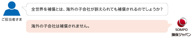 質問１：全世界を補償とは、海外の子会社が訴えられても補償されるのでしょうか？回答１：海外の子会社は補償されません。