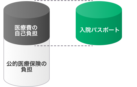 医療費全体に対して、公的医療保険で賄えない自己負担部分を「入院パスポート」でお支払いできることを解説した図