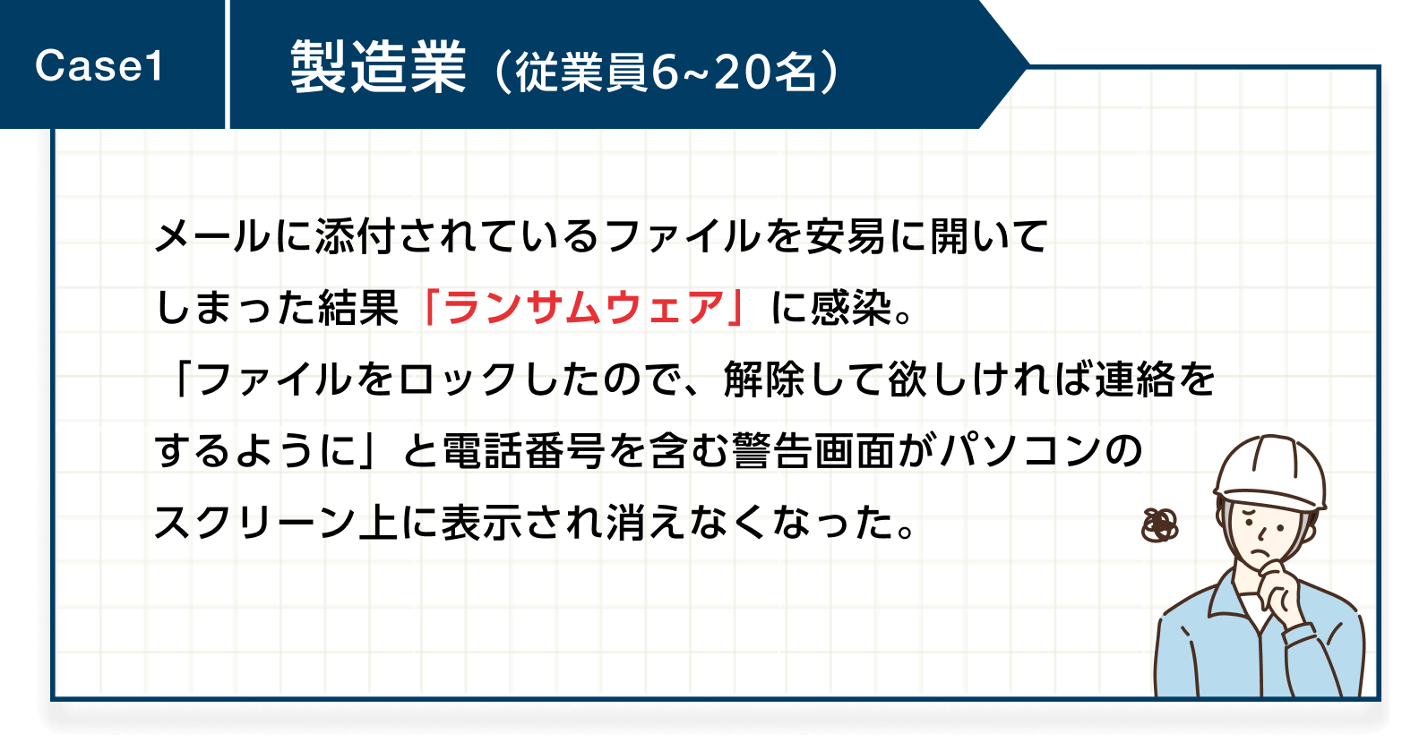 Case1  製造業（従業員6~12名） メールに添付されているファイルを安易に開いてしまった結果「ランサムウェア」に感染。「ファイルをロックしたので、解除して欲しければ連絡をするように」と電話番号を含む警告画面がパソコンのスクリーン上に表示され消えなくなった。