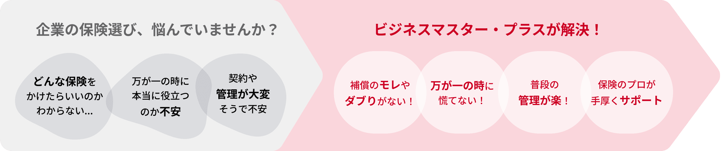 企業の保険選び、悩んでいませんか？ どんな保険をかけたらいいのかわからない 万が一のときに本当に役立つのかが不安 契約や管理が大変そうで不安 ビジネスマスター・プラスが解決！ 補償のモレやダブりがない！万が一の時に慌てない！普段の管理が楽！保険のプロが手厚くサポート