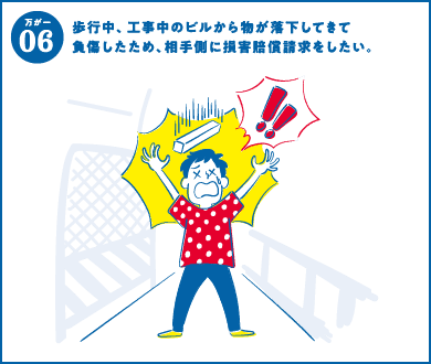 万が一06 歩行中、工事中のビルからモノが落下してきて負傷したため、相手側に損害賠償請求をしたい。